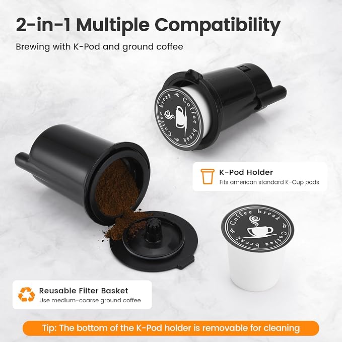 Horavie Single Serve Coffee Maker for K-Cup Pod & Ground, Hot & Iced Coffee Maker, Strong Button Feature, 6 to 14oz Brew Sizes, 50oz Removable Reservoir, Fit 6.5" Mugs, Stainless Steel, White