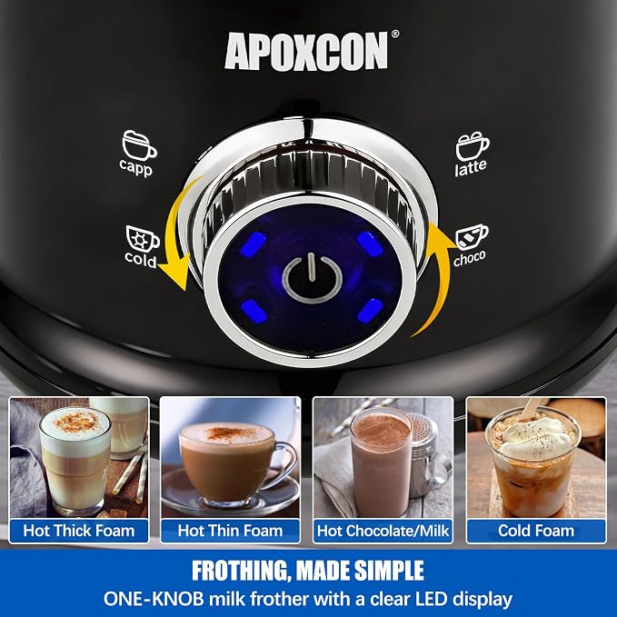 APOXCON Milk Frother and Steamer, Automatic Warm & Cold Foam Maker with Stainless Steel Jug, Detachable Electric Coffee Frother for Cappuccino, Latte, Hot Chocolate