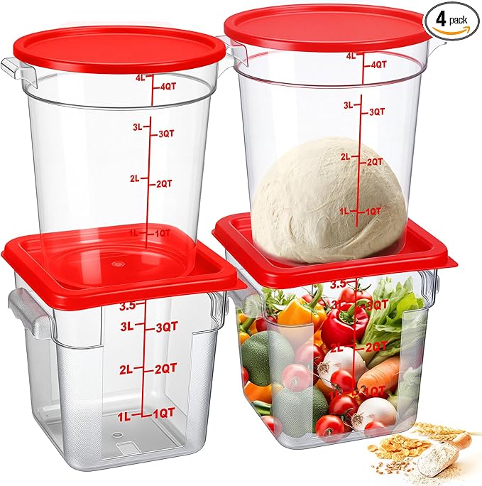 Blushtier 4 Pack Food Storage Container with Lids 4 Qt Square and Round Set Clear Restaurant Commercial Bucket with Handle Scale for Home Restaurant Kitchen Storage Dough Rise Flour(Red)