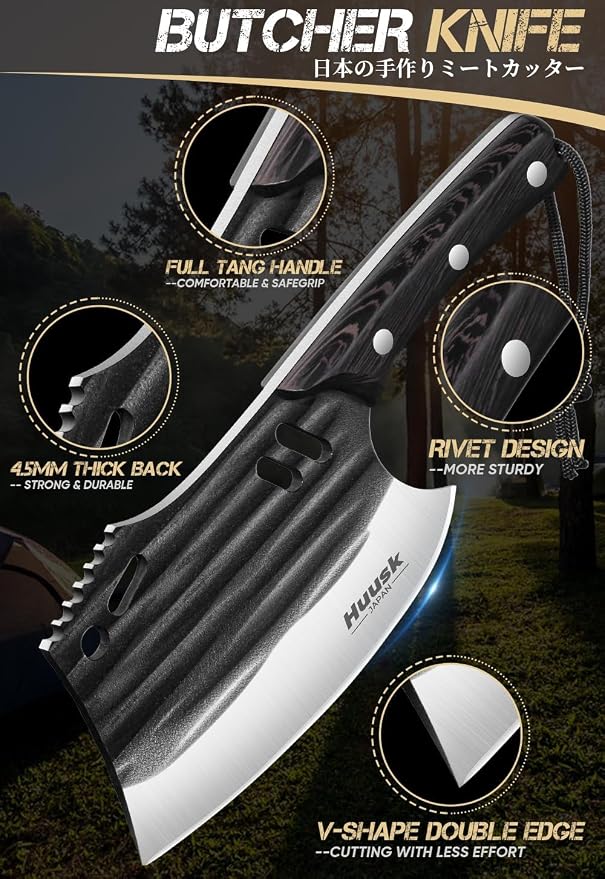 Huusk Butcher Knife for Meat Cutting, Japanese Meat Cleaver with Sheath, Hand Forged Chopping Knife with Full Tang Handle, Heavy Duty Bone Cleaver for Cooking Camping, Gifts Idea Men