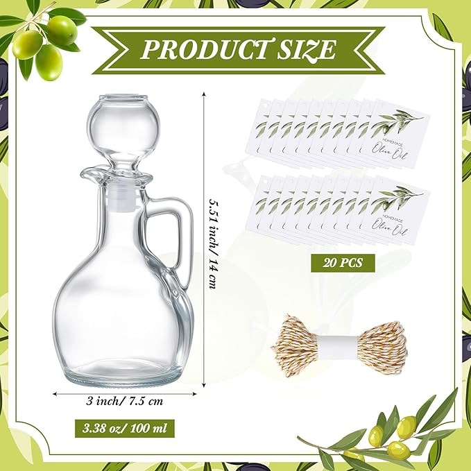 Vesici 20 Set Olive Oil Glass Bottle with Stopper Mini Oil Cruet Dispenser with Label Vinegar Bottle with Spout for Kitchen Salad Dressing Syrup Container for Wedding Baby Shower Party Favors(3.5 Oz)
