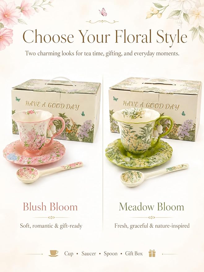 Tea Cup and Saucer Set with Spoon, Porcelain Flower Tea Cup with Saucer, Cute Vintage French Style Coffee Cup Gift Set with Box for Women and Tea Parties