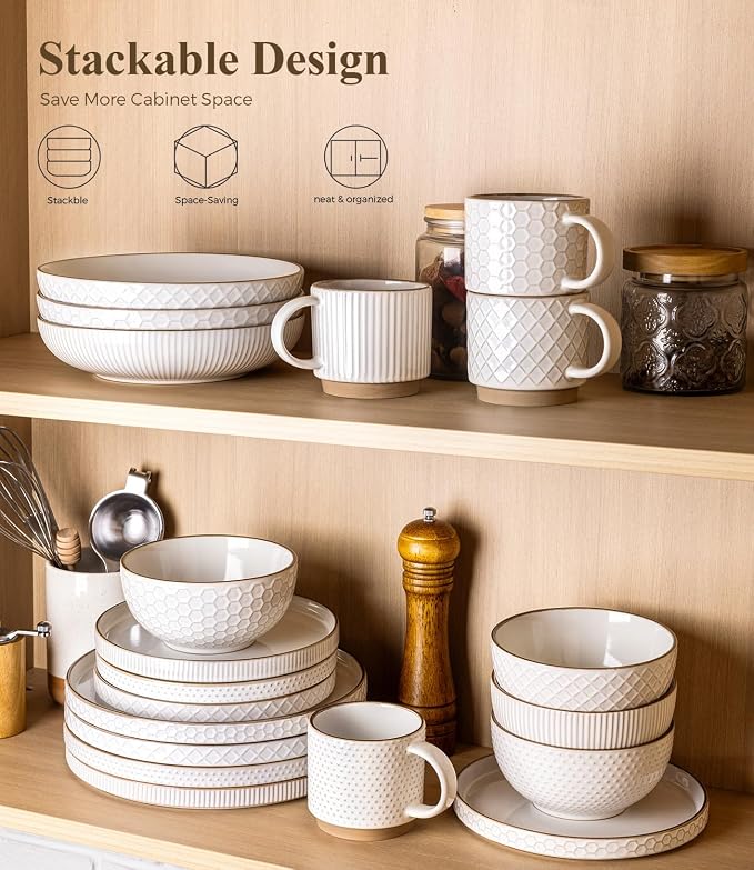 GBHOME Stoneware Dinnerware Sets Service for 4, 12 Piece Embossed Plates and Bowls Set, Elegant Ceramic Dish Set, Chip Resistant, Microwave & Dishwasher Safe, Off white（stackable)