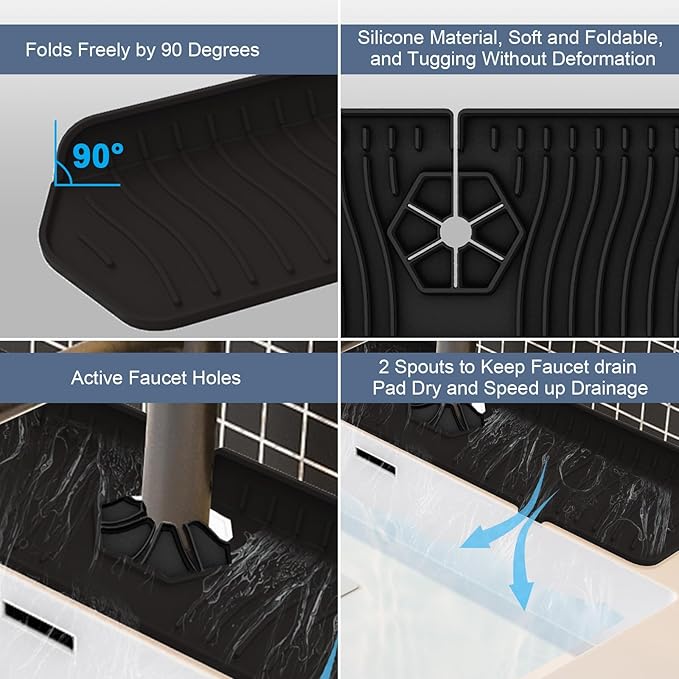 Faucet Guard - 90 Foldable Draining Mat for Kitchen Sink with 2 Drain Ports, Black, 24"*5.66"
