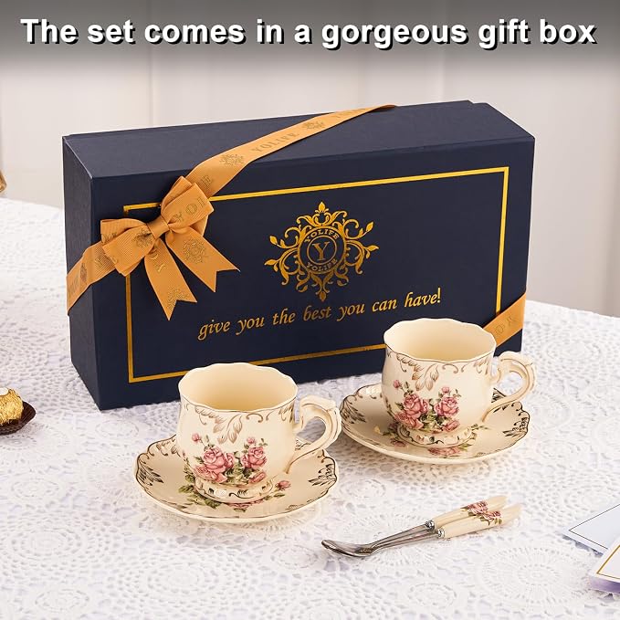 YOLIFE Tea Cups and Saucers Set of 2, Vintage Porcelain Tea Cups Set Floral with Gold Leaves Trim Design - 8 oz (Pink Rose with Gift Box(no stand))