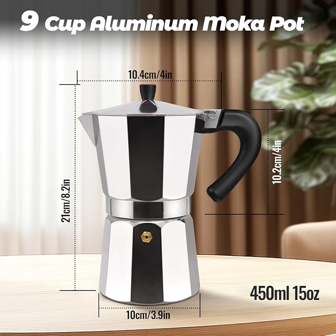 9 Cup Aluminum Moka Pot Classic Stovetop Espresso Coffee Maker 450ml 15oz Coffeemaker Percolator Mocha Pot Greca Coffee Maker Cafe Makers for Italian and Cuban Café Brewing Silver