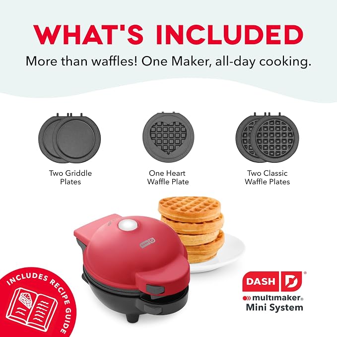 Dash MultiMaker® Mini System - Compact Waffle Maker for Family Breakfasts - Removable Griddle Plates & nonstick surface - 5 Plates - Red