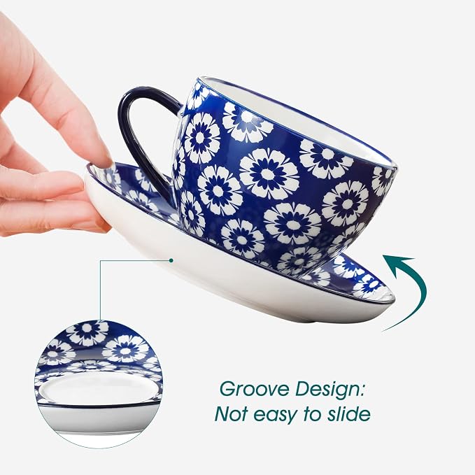 vancasso 8OZ Cappuccino Cups with Saucers, Porcelain Espresso Cups Set of 6 for Latte,Vintage Blue Coffee Cups,Tea Cup Set for Specialty Coffee Drinks, Gift, Series SELENE
