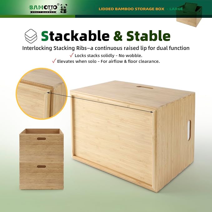 BAMOTTO CRAFTBAMBOO Large 14.6”x10.2”x9.6” Lidded Bamboo Storage Bins - Stackable with Handles, Box/Cube/Basket for Home Kitchen Office, Organize Tableware Toys Crafts Books