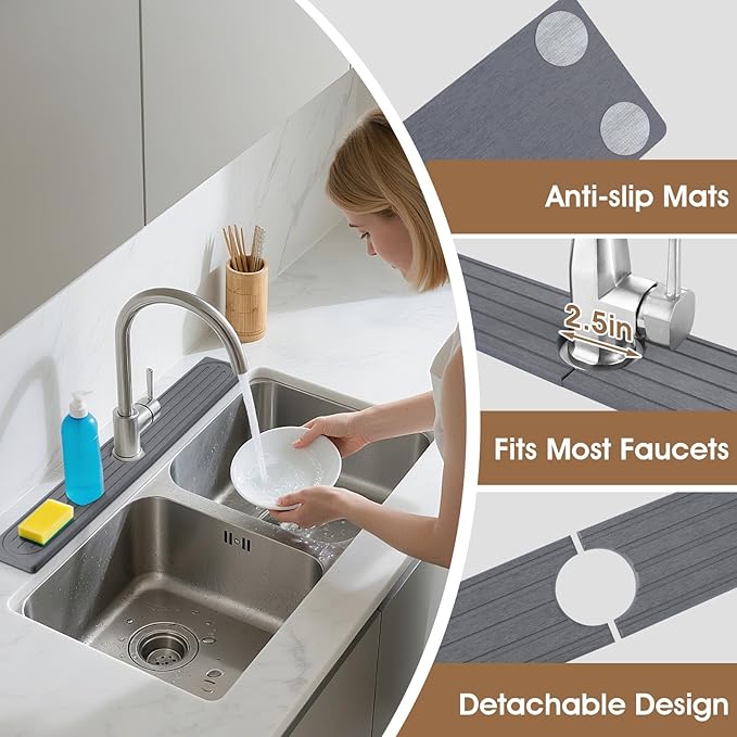 Snuggery Diatomite Faucet Mat Splash Guard - Quick Dry Stone Mat Sink Tray 23.6"x4" – Super Absorbent Non-Slip Faucet Drip Mat Around Faucet – Drying Stone Protector for Kitchen Sink Bathroom (Grey)