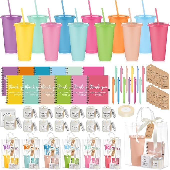 Nuogo 12 Sets New Parent Shower Prizes for Player Winners Adult, Wedding Bridal Shower Gift, Plastic Tumbler Notebook Scented Candle Ballpoint Pen Bag (Colorful,Classic Style)