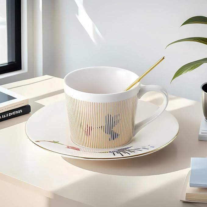 Old Craftsmen's Coffee Cup and Saucer Sets 8.45oz Unique Dynamic Mirage Reflection Tea Cup Luxury Porcelain Mirror Ceramic Mug Gifts for Cappuccino Espresso 250ml Hummingbird