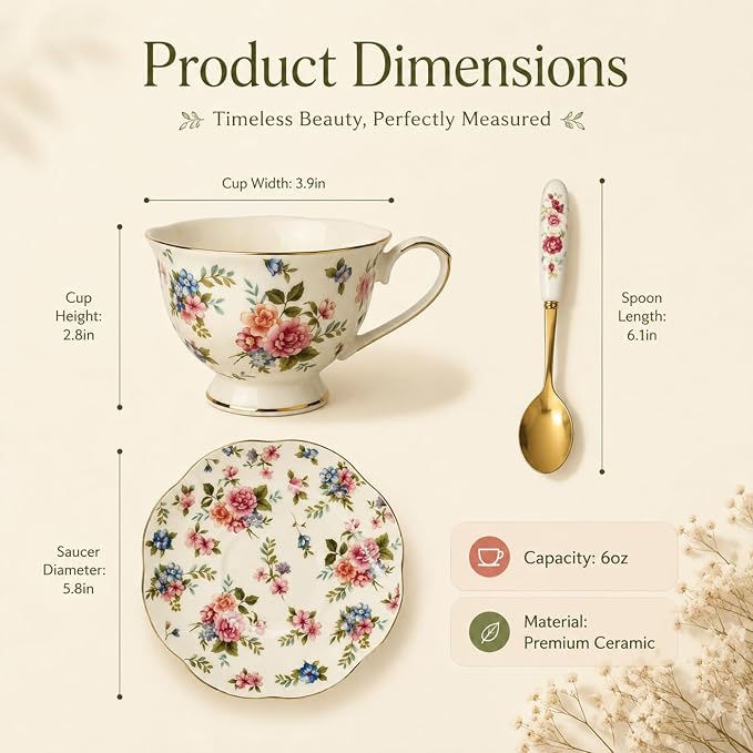 Noviko Floral Tea Cups and Saucers Flower Ceramic Cup for Women and Tea Parties (6 oz, Set of 2)