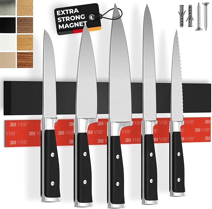 CUCINO Magnetic Knife Holder for Wall 16" No Drilling incl. Self Adhesive Tape - Extra strong Knife Holder - Awarded Knife Magnetic Strip - Made of Stainless Steel - black