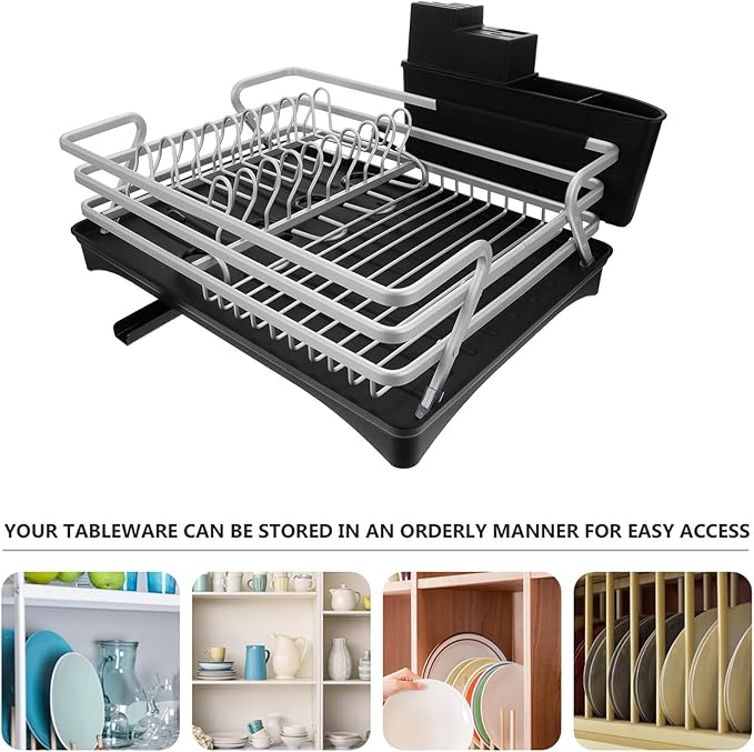 Garneck Multi-Function Aluminum Alloy Dish Draining Rack with Silver Frame and Black Base, Kitchen Storage Shelf for Dish Organization and Drying, Sink-Compatible Kitchen Organizer