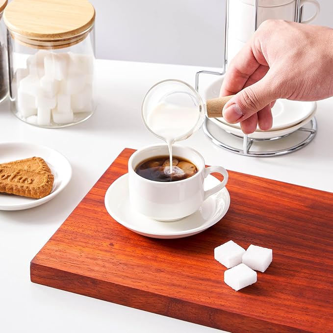 2.5oz Espresso Cups Set of 4, Small Stackable Coffee Cups with Saucers and Metal Stand, Ceramic Demitasse Cups, Cappuccino Cups for Coffee Drinks, Latte, White