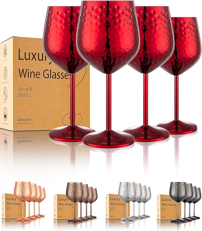 UNISWEET Stainless Steel Wine Glasses Set of 4 Unbreakable (Red) | 17 oz Large-capacity Hammered Goblets, Lightweight & Reusable, Good for Outdoor, Camping, Pool Travel, Gift for Wine Lovers