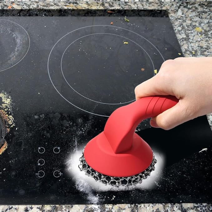 Cast Iron Cleaner, Stainless Steel Cast Iron Scrubber with Silicone Handle, Portable Kitchen Cleaning Brush for Kitchen Pots Pans Sink