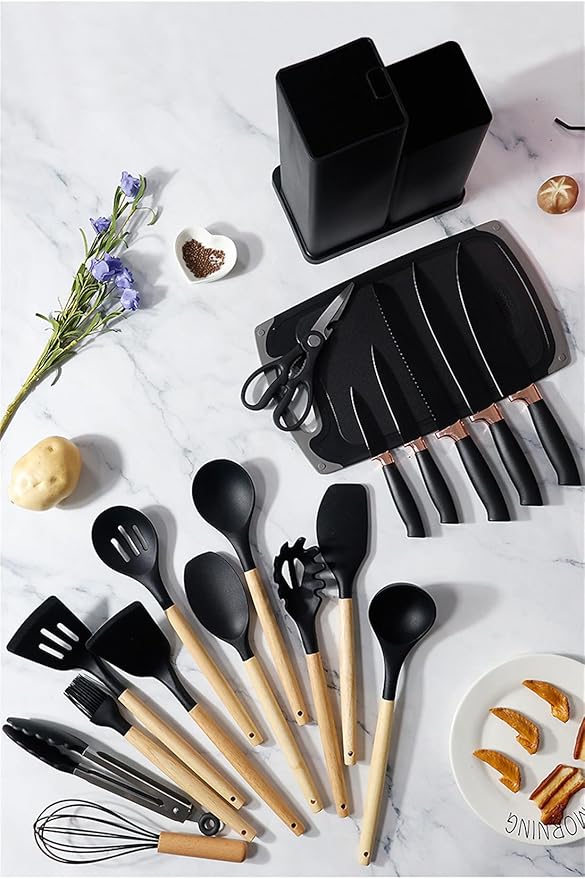 19 Pieces Kitchen Utensil and Knife Set with Storage, with 11 Piece Silicone Cooking Utensils Set 5 ieces Sharp Stainless Steel Chef Knives Scissors Whisk Tongs and Cutting Board, Black