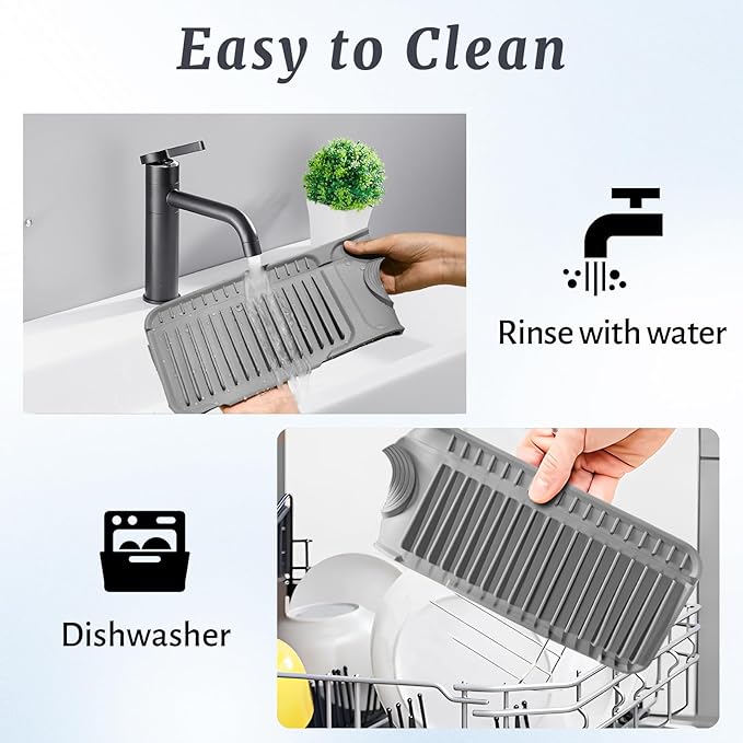 PoYang 24 inch Faucet Mat for Kitchen Sink Splash Guard, 7° Slope Silicone Sink Water Splash Guard for Kitchen Sink Area with Snap Button, Longer Sink Protectors for kitchen Sink Sponge Holder, Grey