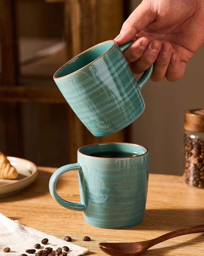 famiware Coffee Mugs Set of 6, Meteor 13 oz Ceramic Mug Cup Set with Handle for Coffee, Tea, Cappuccino, Latte, Milk, Peacock Green