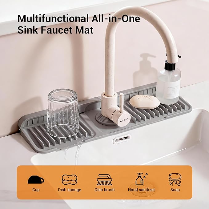 ZJWZLG Faucet Mat for Kitchen Sink, 14"X5.5" Silicone Sink Splash Guard with Soap Holder, Snap-On Design & 7°slope Fast Drain, Folding Sink Faucet Mat for Universal Kitchen Bathroom Sink（Grey）