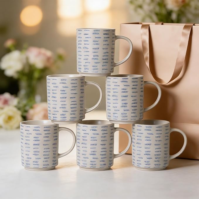 Coffee Mugs Set of 6, 17oz Ceramic Mugs with Handpainted Blue Gray Stripe Pattern, Modern Stackable Coffee Cups, Dishwasher and Microwave Safe Mugs for Home & Office (Horizontal Stripes)