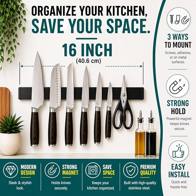 Magnetic Knife Holder 16 Inch Black for Wall or Fridge, 304 Stainless Steel Knife Strip, No Drill Adhesive Rack, Strong Magnetic Kitchen Organizer, Premium Gift by Pampavanna
