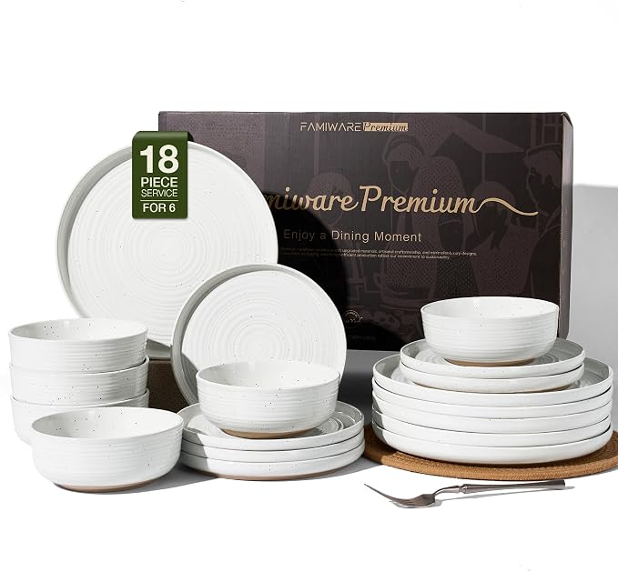 18-Piece Stoneware Dinnerware Sets for 6 - Coupe Plates and Bowls with Speckles & Spirals - Chip & Scratch Resistant, Microwave & Dishwasher Safe - Farmhouse Dishes - Gift Box, White
