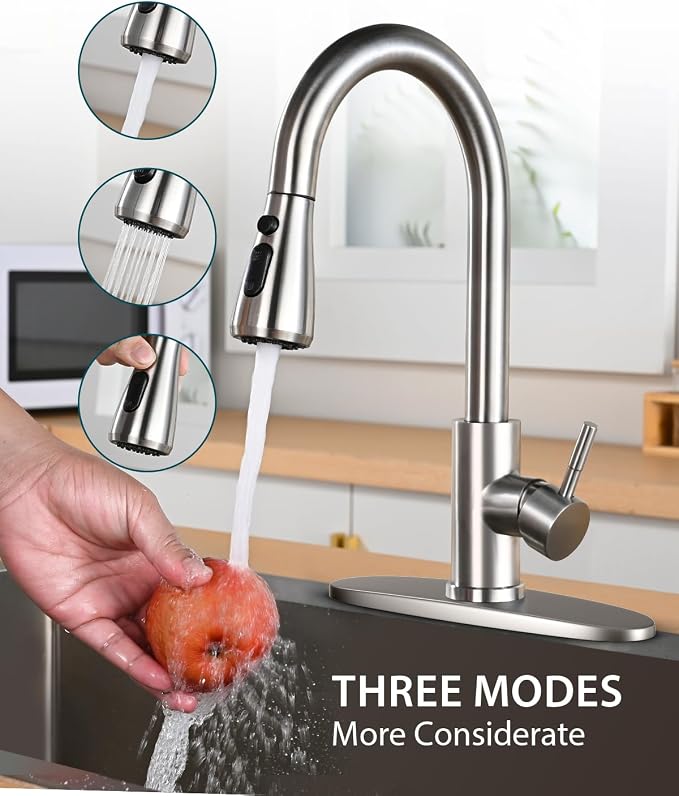 Hiqufet Kitchen Faucet with Deck Plate for 3 Hole or Single Hole Setup | Pull Down Sprayer, High Arc Spout, , for Pot Filling, Pan Rinsing and Daily Kitchen Cleanup
