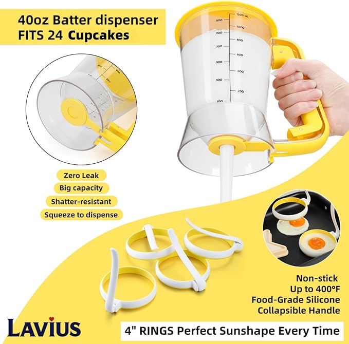 5-Piece Griddle Breakfast Kit | Pancake Batter Dispenser with Sturdy Handle and 4 Silicone Egg Rings | Perfect for Blackstone Griddles, Outdoor Grilling, Camping & Home Kitchen