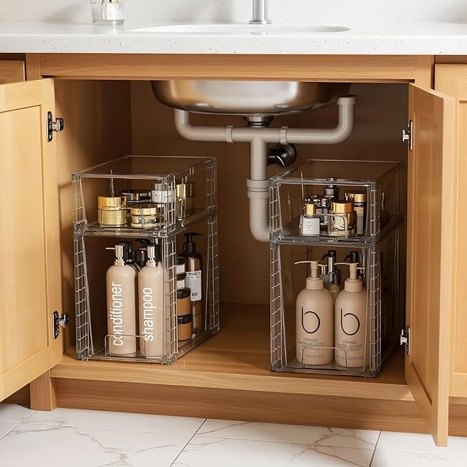 High Clear Stackable Storage Drawers(2 Pack), High-strength Plastic Organizer Bins with Handles for Skincare Bathroom Cabinet Vanity Undersink Kitchen Pantry BPA-Free Storage Containers