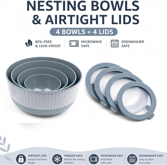 Mixing Bowls with Lids, 8-Piece Airtight Leak-Proof Nesting BPA-Free Prep Bowl Set for Kitchen & Food Storage, Large 4200ml Capacity, Microwave & Dishwasher Safe