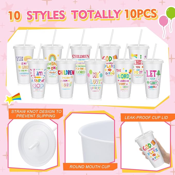 Uiifan 10 Pcs VBS Christian Tumblers with Straws for Kids, Bible Verse Cups for VBS, Sunday School, Church Party Favors and Faith Gifts, Reusable Plastic Tumblers with Lids, 24 oz, White