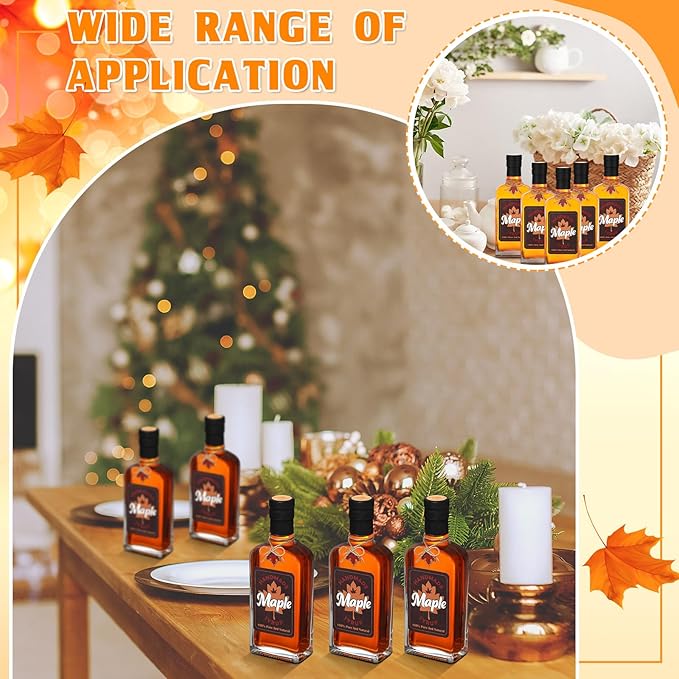 12 Pcs Glass Maple Syrup Bottles Bulk 8 oz Clear Glass Bottle with Cork Lids Reusable Syrup Jars Containers Maple Syrup Sticker for DIY Juice Milk Sauce Storage Gifts(Black,Black Maple Leaves)