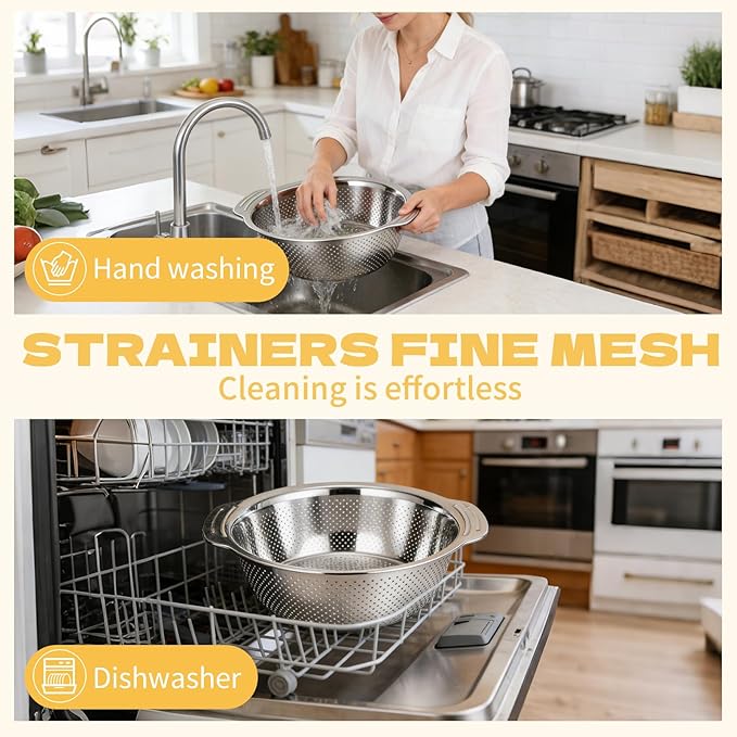Stainless Steel Colander for Kitchen, 5 Pack Metal Kitchen Strainer Bowls with Handles, Food Strainer Basket for Pasta, Noodles, Vegetables and Fruit, Nesting Design, Dishwasher Safe