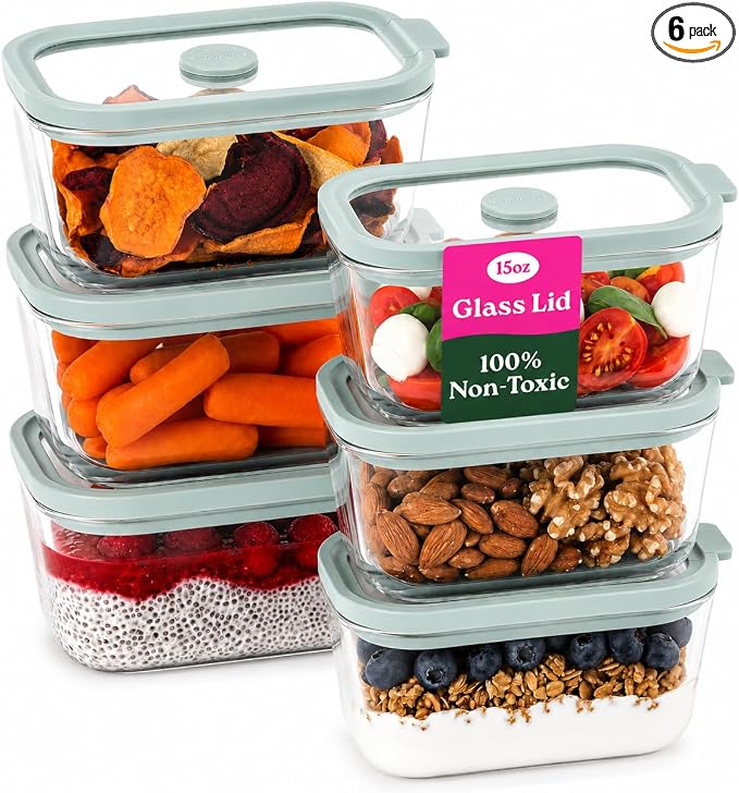 6 Pack Non-Toxic Glass Storage Containers with Glass Lids –15 Oz Borosilicate Small Glass Meal Prep Containers for Lunch, Airtight Food Storage, Microwave & Freezer Safe-Plastic Free (Sage Green)