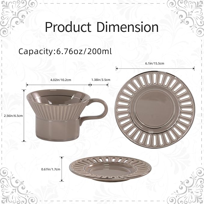 KAMMAK Tea Cups and Saucers Set of 2, 6.7oz Porcelain Coffee Cups with Saucers, Ceramic Espresso Mugs for Coffee, Latte, Americano, Tea, UN Teacup and Saucer (YFH6+7)