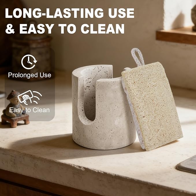 Natural Travertine Sponge Holder for Kitchen Sink Counter w A Plant-Based Kitchen Sponge, Fast Drying, Durable, Compact, Wabi-Sabi & Unique Sponge Caddy, Sink Organizer, Beige Travertine Home Decor