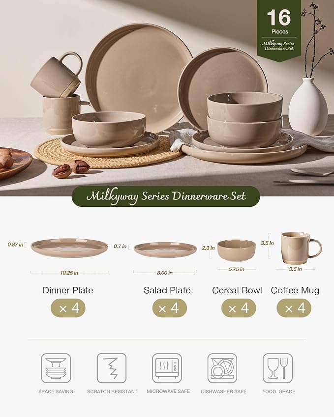 Famiware Milkyway Stoneware Dinnerware Sets with Mugs, Service for 4 (16pcs), Plates and Bowls Sets, Scratch Resistant, Microwave and Dishwasher Safe Dishes Set, Cinnamon Brown