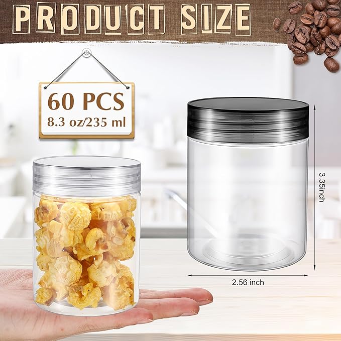 Sliner 60 Pcs 8 oz Plastic Jars with Lids Clear Round Leakproof Storage Containers Empty Refillable Plastic Mason Jars for Travel Storage Face Creams Kitchen Household Food Spice (Clear And Black)