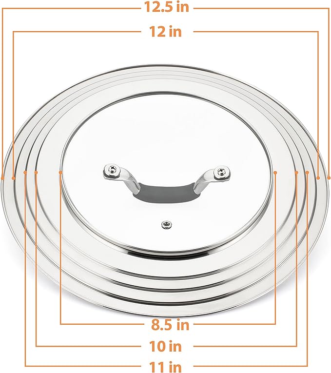 Stainless Steel Universal Lid for Pans Pots Fits 8.25 9 10 11 12 Inch Cast Iron Skillets Frying Pans Woks - Design with Heat Resistant Handle and Vent Hole - Black Handle