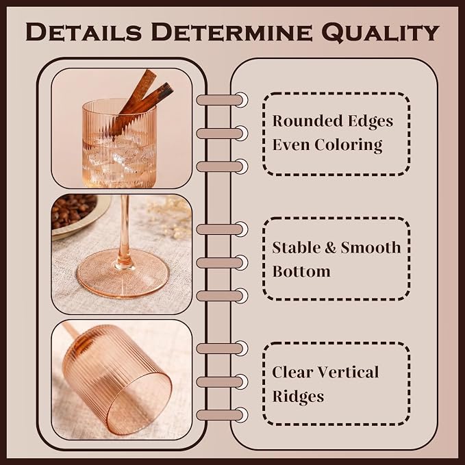 Pale Peach Colored Square Wine Glasses Set of 6, Ribbed Design Peach Crystal Glassware with Long Stem, 11.5oz Hand Blown Red & White Wine Stemware For Home Dinner Party Wedding Housewarming Gift