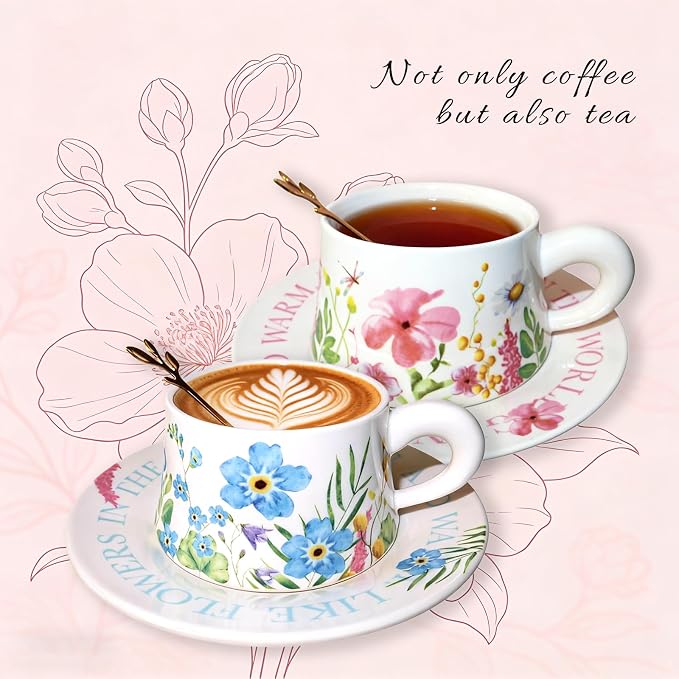 Tea Cup Set With 2 Tea Cups 2 Saucers And 2 Spoon 9.5 OZ Espresso Coffee Mug Vintage Creativetea Teacup And Saucer Set For Coffee,Tea,Latte, Cappuccino