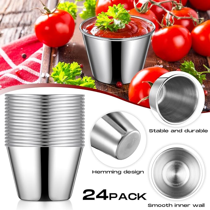 Potchen 24 Pieces 2.5 oz Metal Ramekins Sauce Cups Stainless Steel Condiment Cups Round Dipping Containers for Vinegar Butter Ice for Kitchen Restaurant Catering Camping BBQ Party