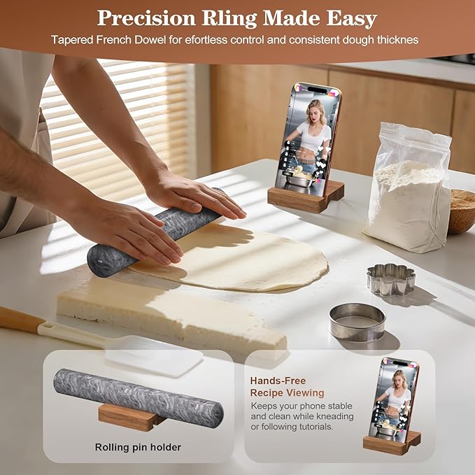 Marble Rolling Pin with Wooden Stand, FiiMan 12 Inch Heavy Rolling Pin for Dough, Stone French Polished Non-Stick Roller Pins For Baking Cookie Pizza Pastry (Black)