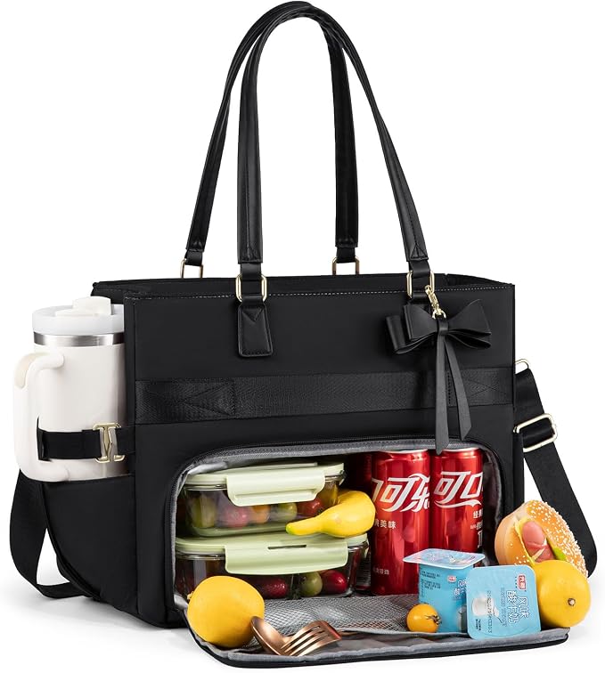 LOVEVOOK Lunch Bag, Tote Bag for Women with Insulated Lunch Compartment, Large Capacity Teacher Nurse Bag for Work with Large Cup Holder, Womens Crossbody Black Handbags fit 15.6 Inch Laptop, Gift