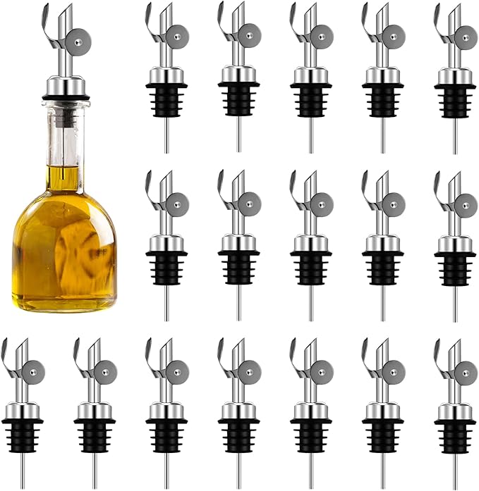 Blulu 24 Pcs Olive Oil Bottle Spout Stainless Steel Oil Dispenser Spout Weighted Liquor Spout Bulk Self Closing Olive Oil Spout Bottle Pourers for Wine Syrup Home Bar Accessories(Silver)