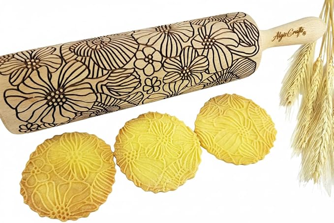 POPPY Embossing Rolling Pin with Wildflower Corn Poppies Pattern. Dough roller for embossed cookies and Pottery by Algis Crafts