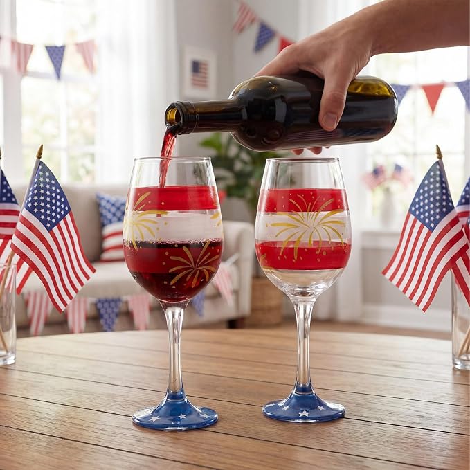 SiliFine 4 Pcs 4th of July Patriotic Party Stemmed Wine Glasses Hand Painted American Flag Stripes Fireworks Drinking Cup Wine Glasses Gifts for Independence Day Theme Holiday Party Supplies